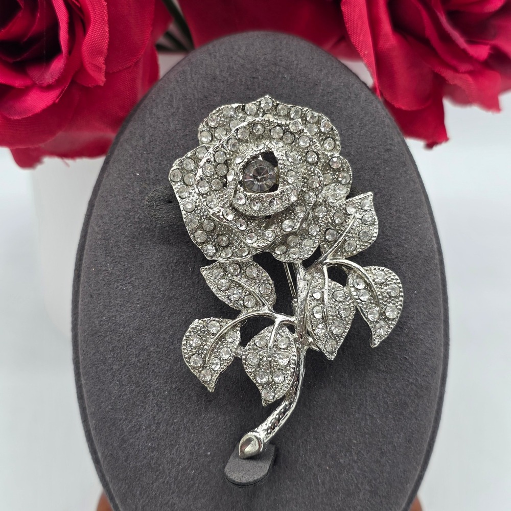 Silver Tone Rose Brooch Clear Rhinestone Floral Pin Botanical Jewelry Classic